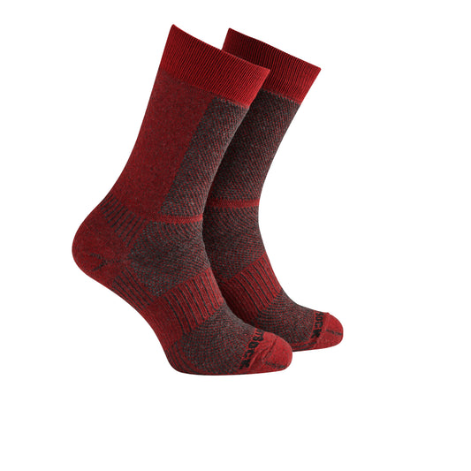 A pair of crew-length athletic socks in a heathered red and dark gray colorway.