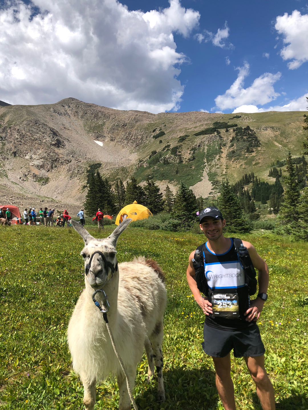 Trail runner with a llama in the mountains.