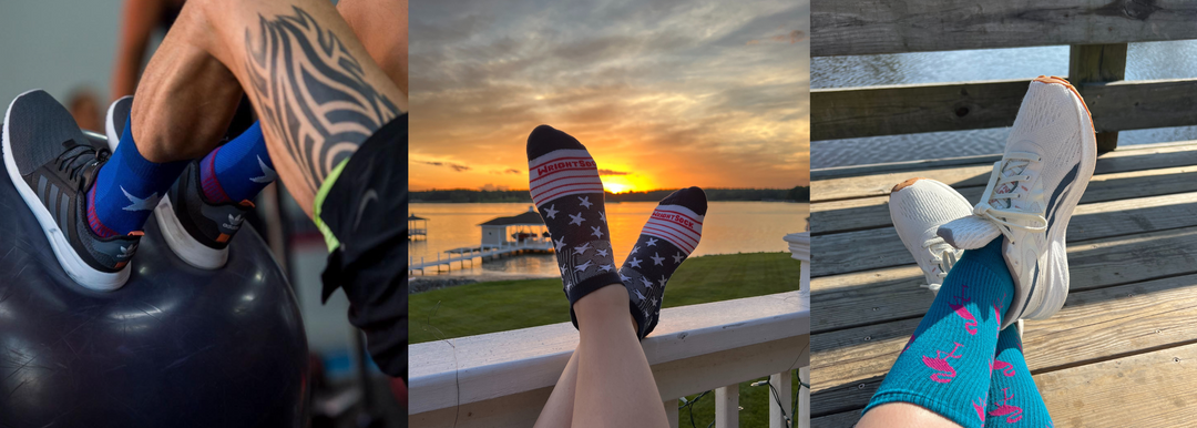 three photo collage of seasonal length socks in various settings