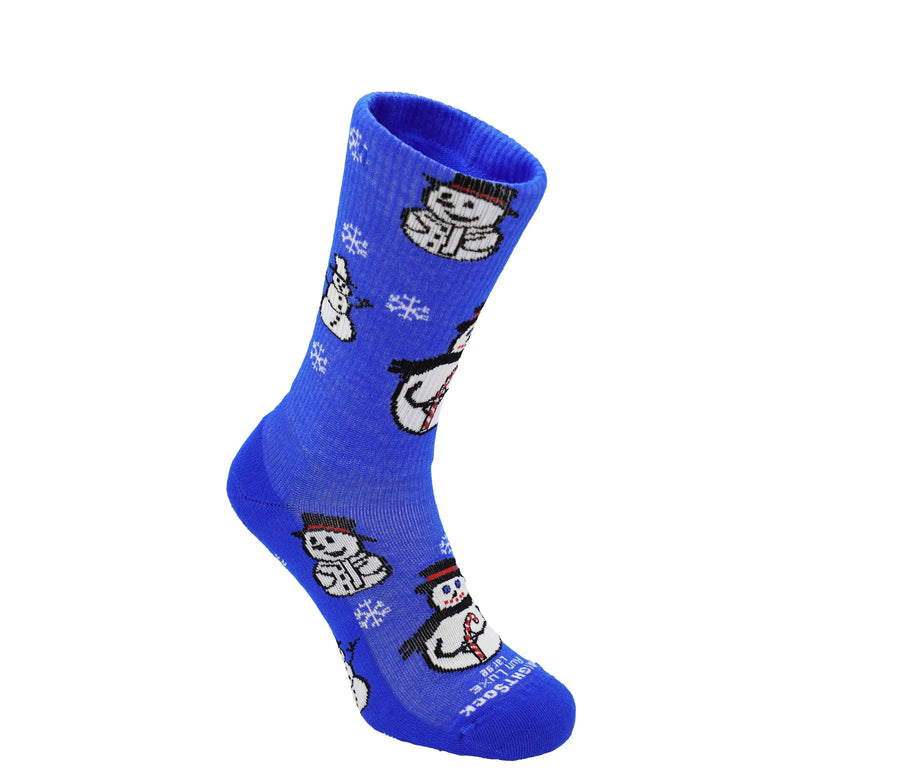 Run Luxe socks, Crew length, Blue with snowmen and snowflake logos.