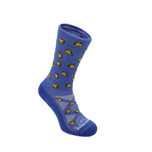 Run Luxe socks, Crew length, Blue with taco logos.