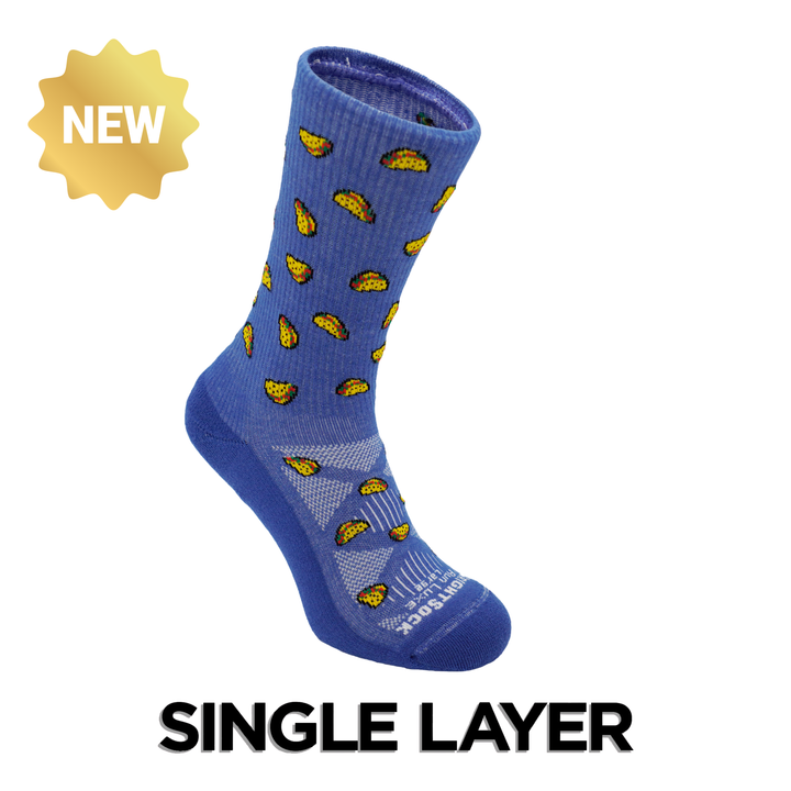 Run Luxe socks, Crew length, Blue with taco logos.