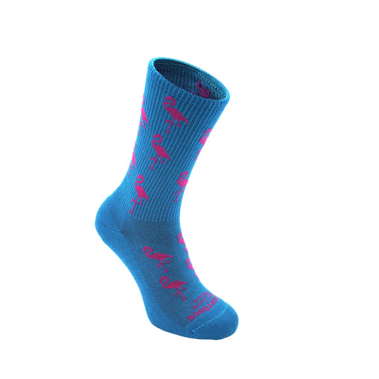 Run Luxe socks, Crew length, turquoise with pink flamingo logo.