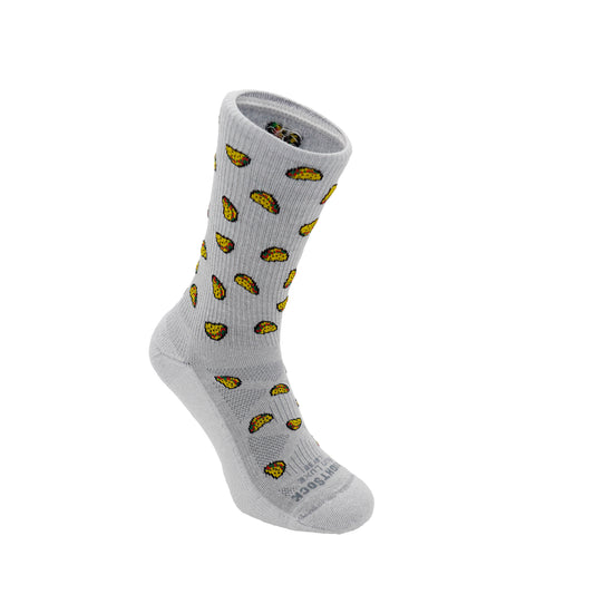 Run Luxe socks, Crew length, light grey/white with taco logos.
