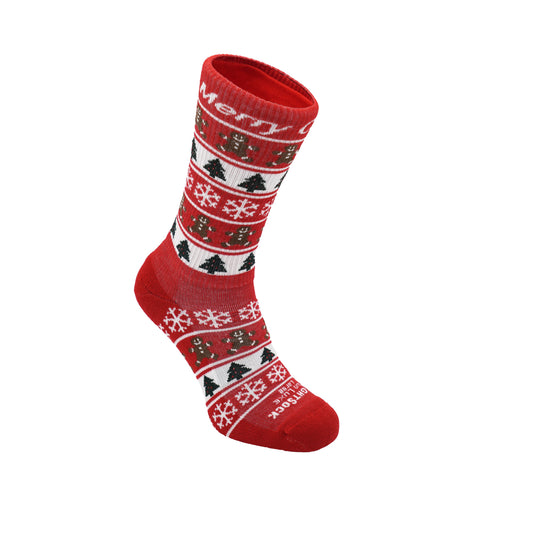 Run Luxe socks, Crew length, Red Christmas Stripes with snowflakes, gingerbread men and Christmas tree logos.
