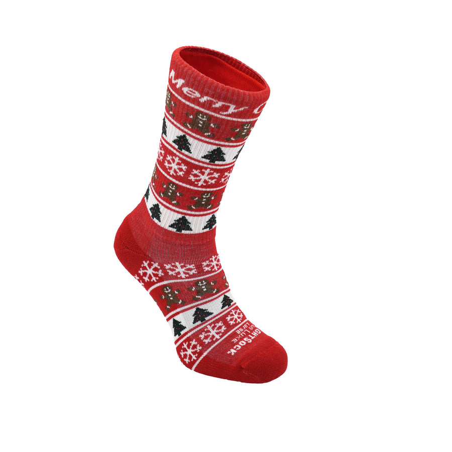 Run Luxe socks, Crew length, Red Christmas Stripes with snowflakes, gingerbread men and Christmas tree logos.