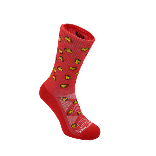 Run Luxe socks, Crew length, Red with taco logos.