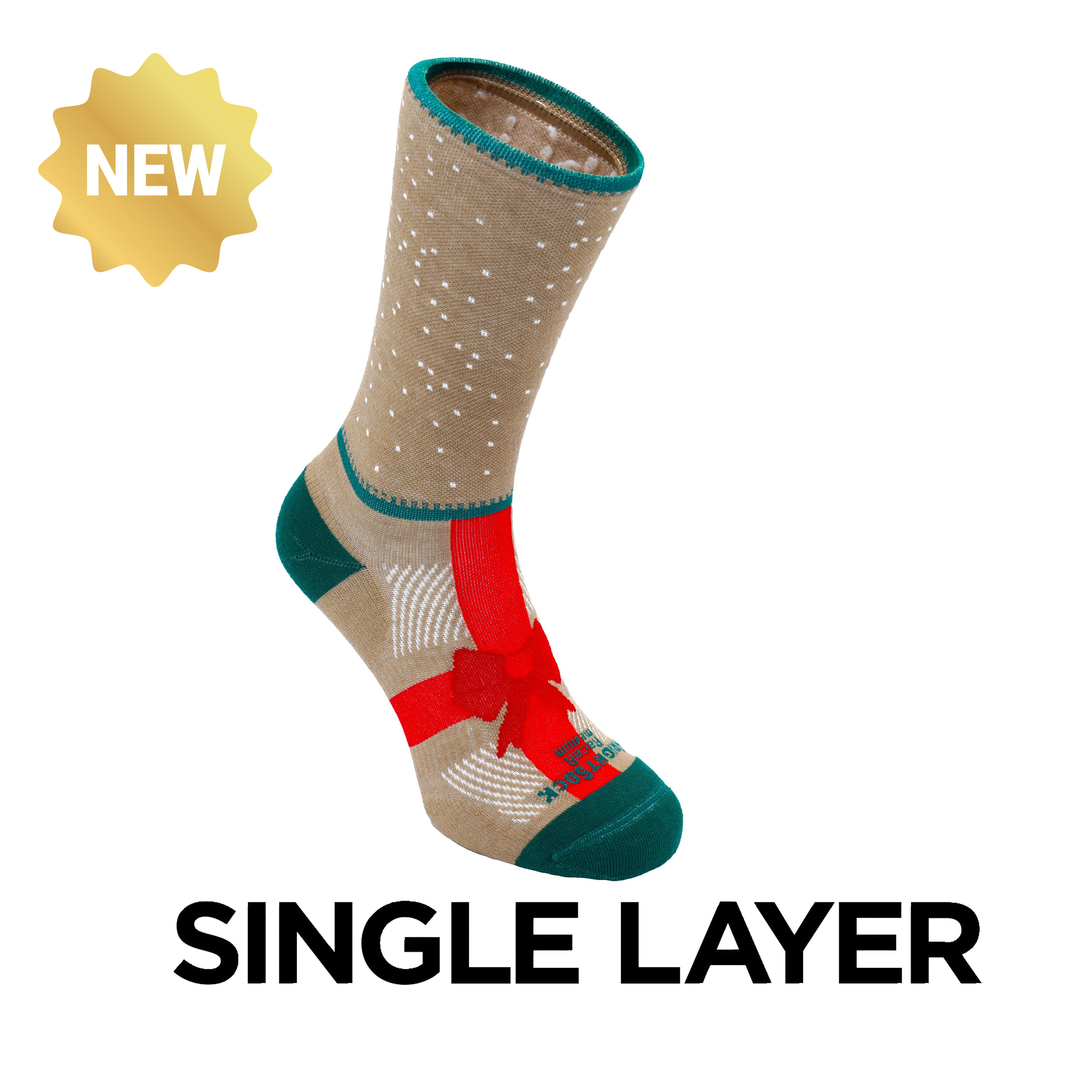 Racer, Crew length, Brown sock with white dots on the leg and a red ribbon on the foot.