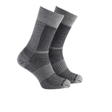 A pair of gray and black athletic crew socks.