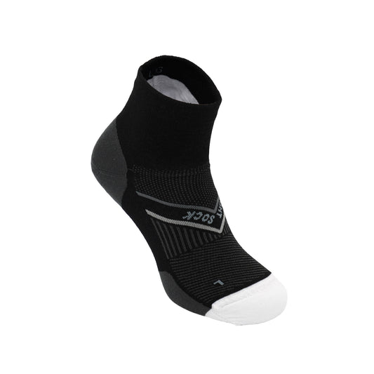 Athletic sock, Quarter length, Cumulus style in Black with grey cushion pads and grey accents with a white toe.