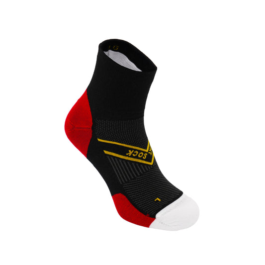Athletic sock, Quarter length, Cumulus style in Black with red cushioned pads and yellow accents with a white toe.