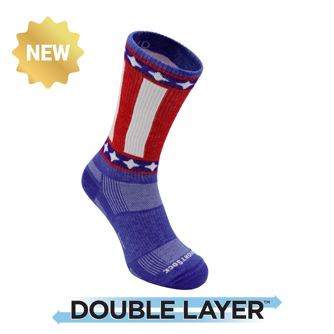 Explore, Crew length, Uncle Sam sock with double layer logo underneath. 