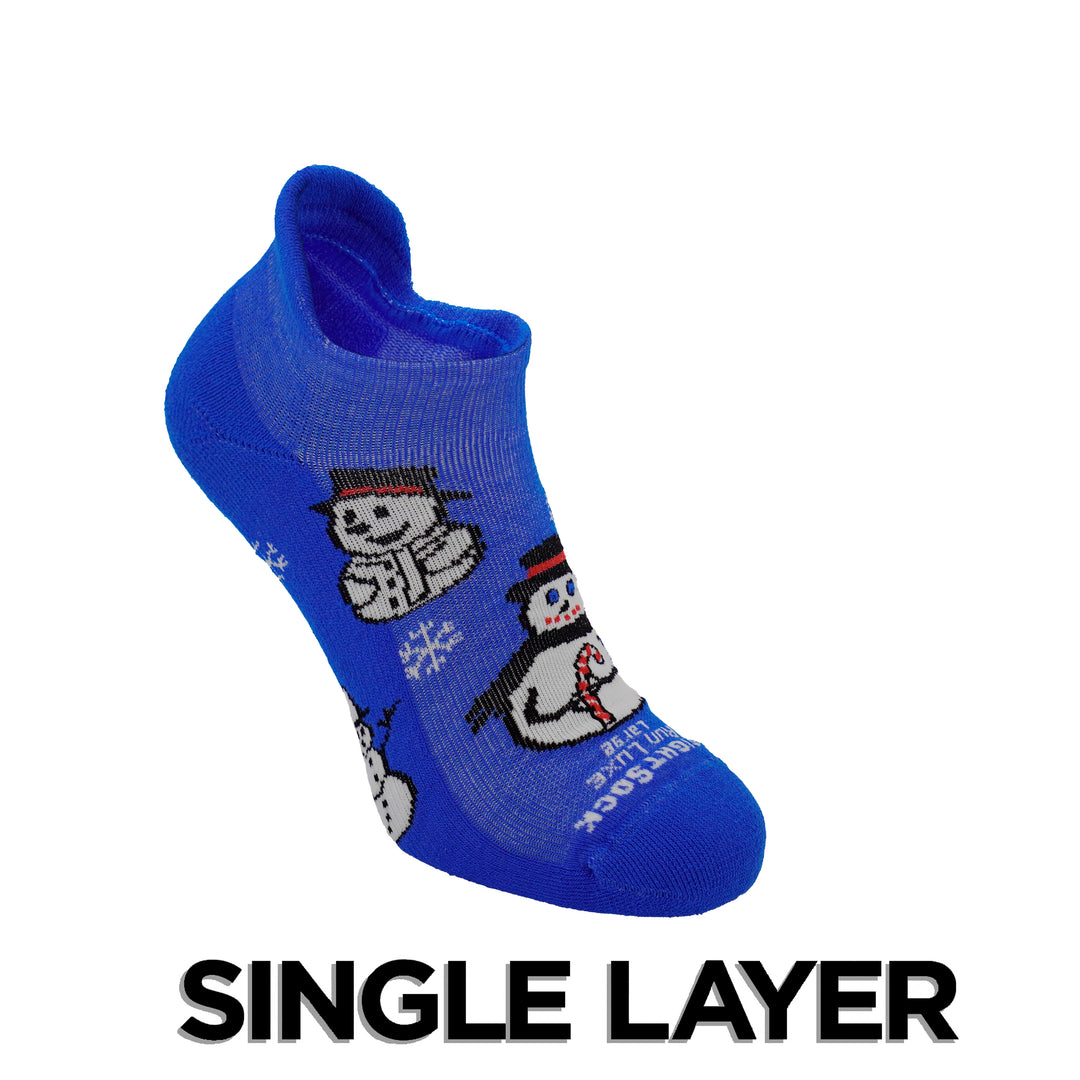 Run Luxe Single Layer Blue Snowman Socks.
